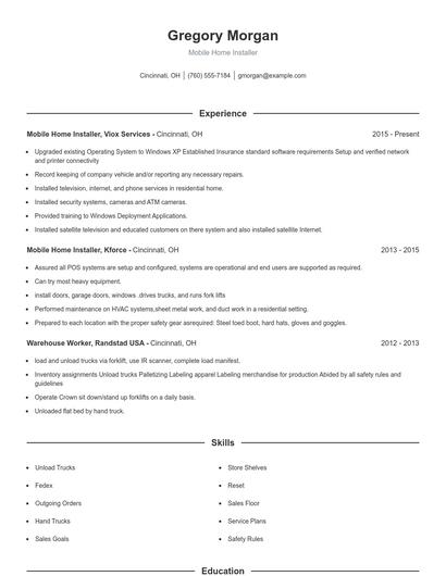 Mobile Home Installer Resume