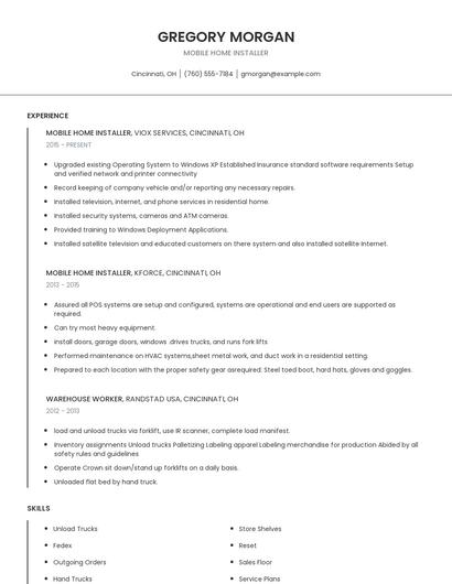 Mobile Home Installer Resume