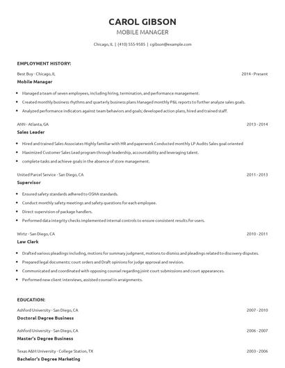 Mobile Manager Resume