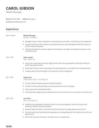 Mobile Manager Resume