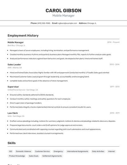 Mobile Manager Resume