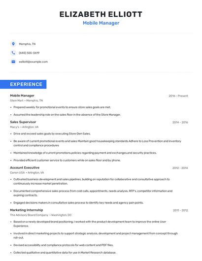 Mobile Manager Resume