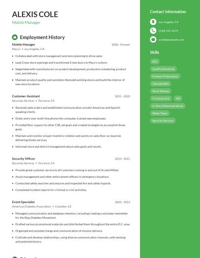 Mobile Manager Resume