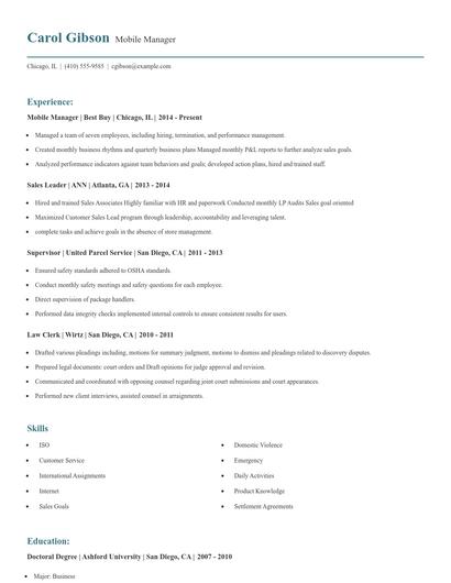 Mobile Manager Resume