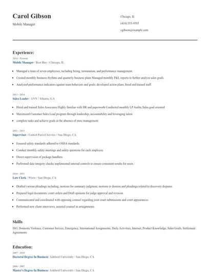 Mobile Manager Resume