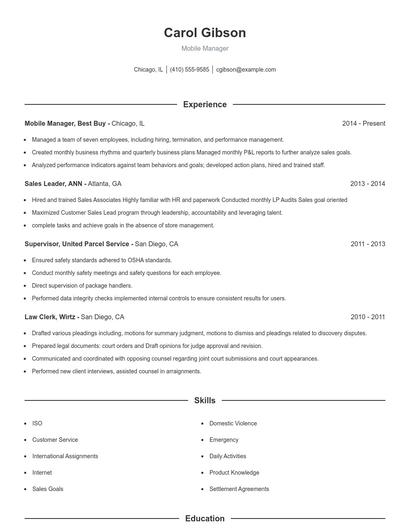 Mobile Manager Resume