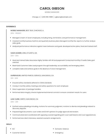 Mobile Manager Resume