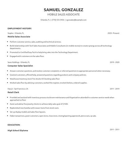 Mobile Sales Associate Resume