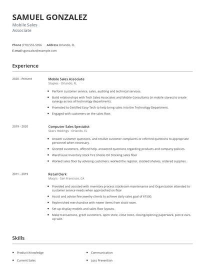 Mobile Sales Associate Resume