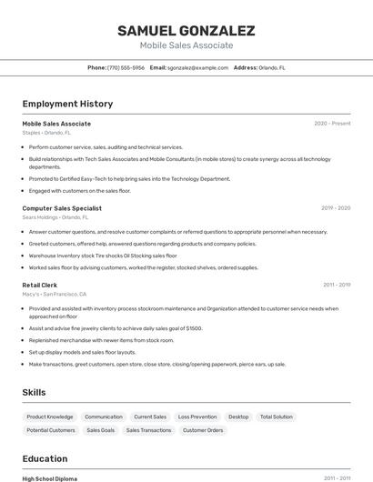 Mobile Sales Associate Resume