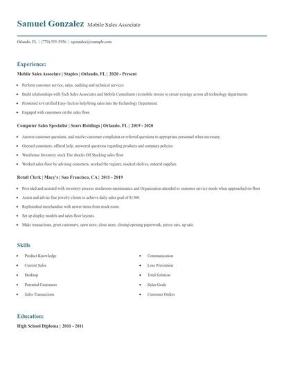 Mobile Sales Associate Resume