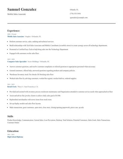 Mobile Sales Associate Resume