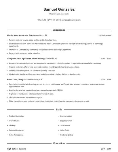 Mobile Sales Associate Resume