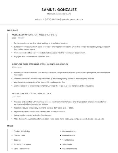 Mobile Sales Associate Resume