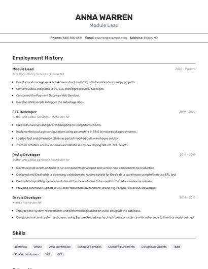 Module Lead Resume