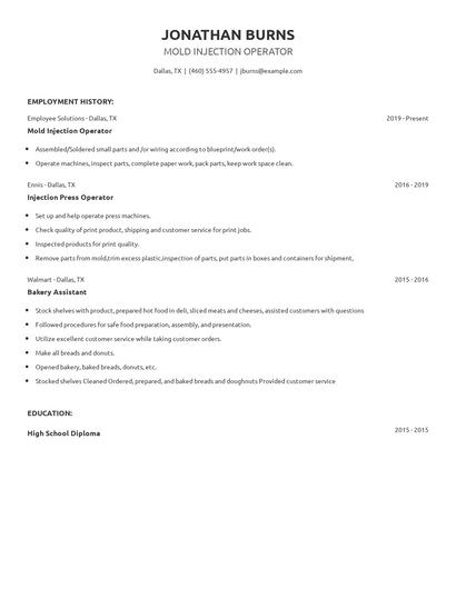 Mold Injection Operator Resume