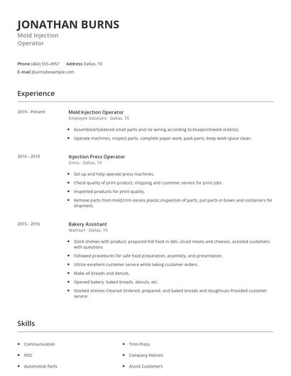 Mold Injection Operator Resume
