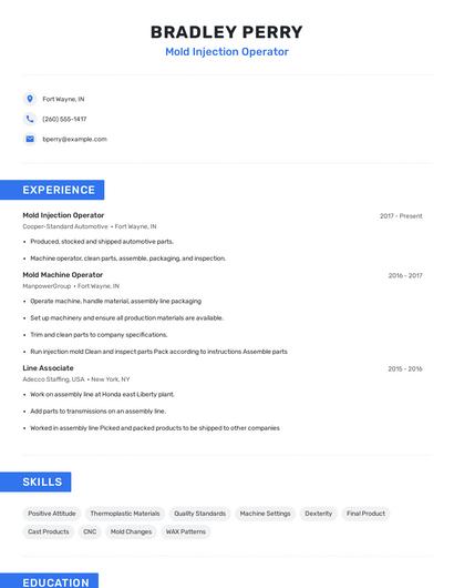 Mold Injection Operator Resume