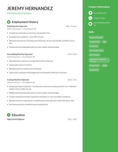 Mold Injection Operator Resume
