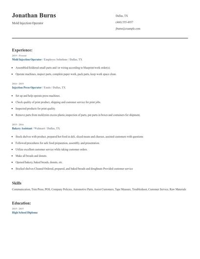 Mold Injection Operator Resume