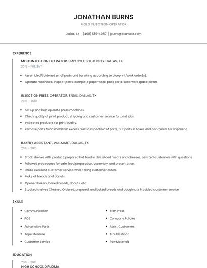 Mold Injection Operator Resume