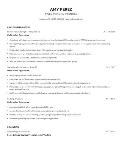 Mold Maker Apprentice Resume