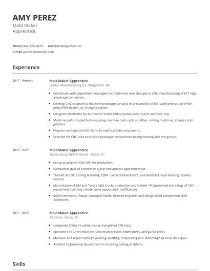 Mold Maker Apprentice Resume