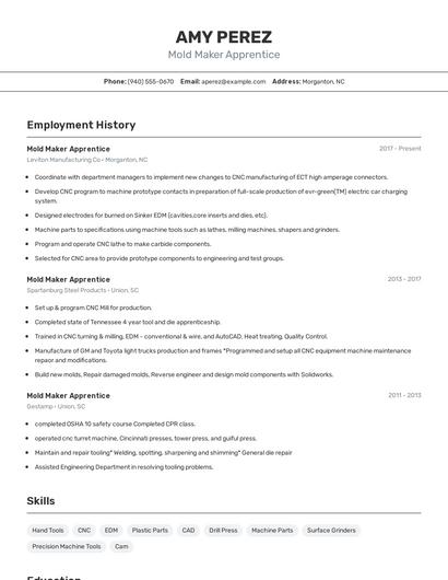 Mold Maker Apprentice Resume