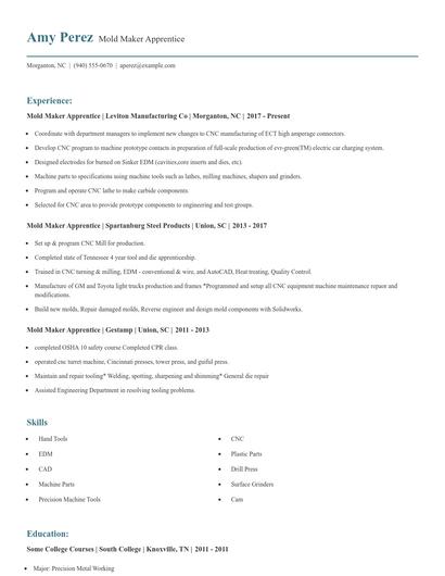 Mold Maker Apprentice Resume