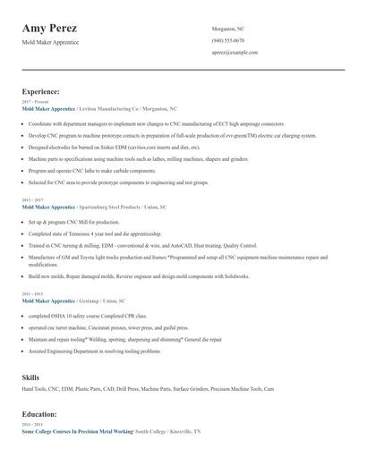 Mold Maker Apprentice Resume