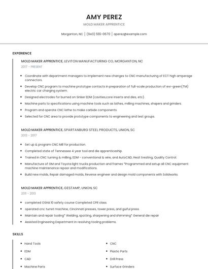 Mold Maker Apprentice Resume