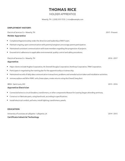 Molder Apprentice Resume