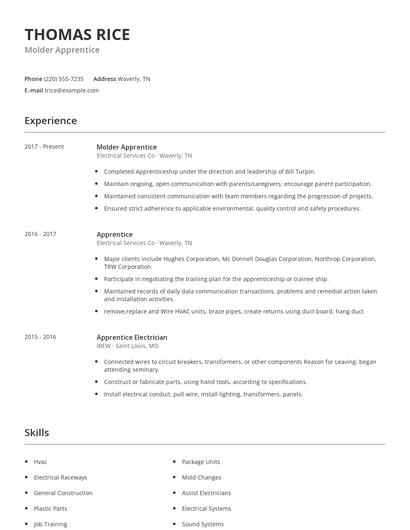 Molder Apprentice Resume