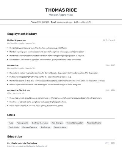 Molder Apprentice Resume