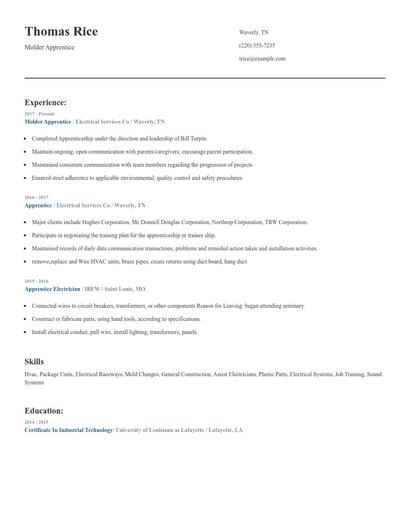 Molder Apprentice Resume