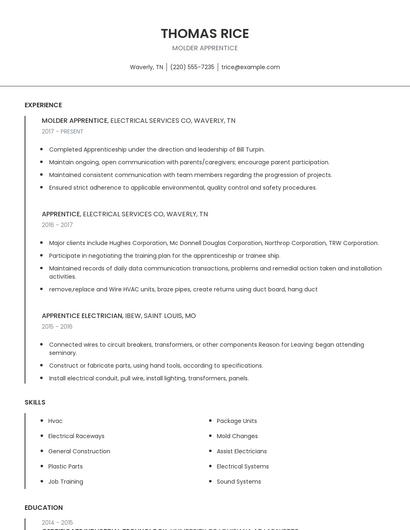 Molder Apprentice Resume