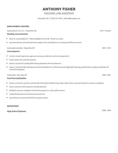 Molding Line Assistant Resume
