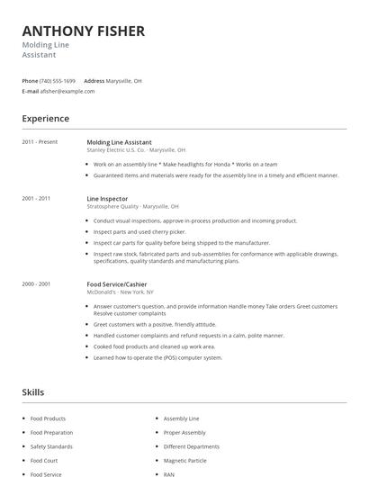 Molding Line Assistant Resume