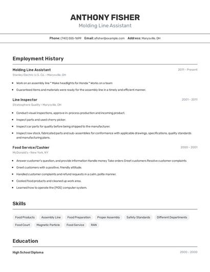 Molding Line Assistant Resume