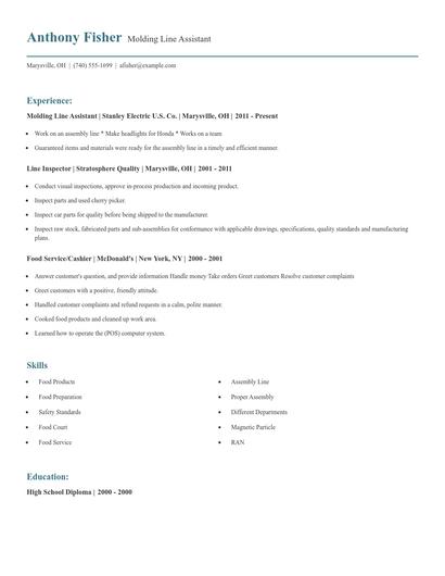 Molding Line Assistant Resume