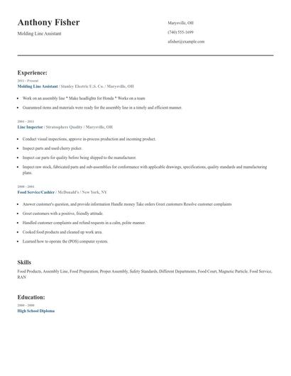 Molding Line Assistant Resume