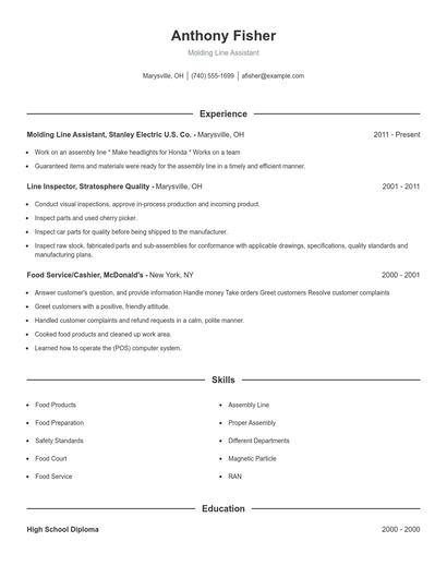 Molding Line Assistant Resume