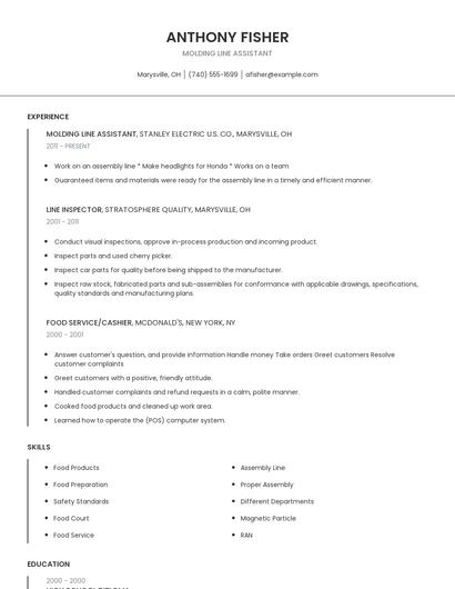 Molding Line Assistant Resume