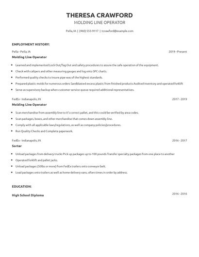 Molding Line Operator Resume