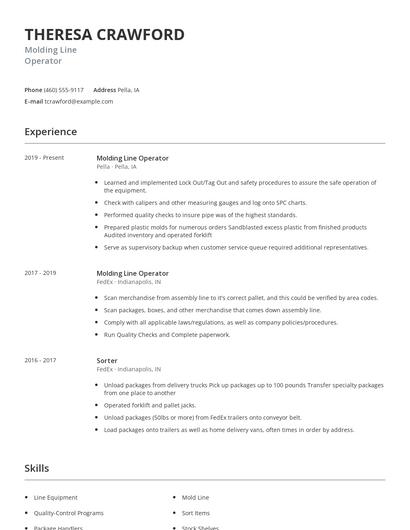 Molding Line Operator Resume