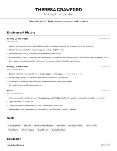 Molding Line Operator Resume
