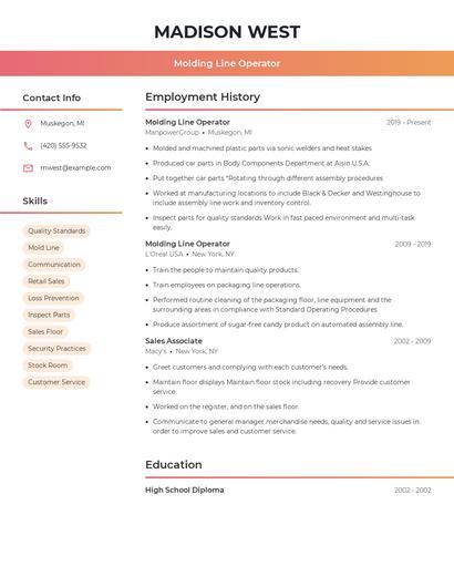 Molding Line Operator Resume
