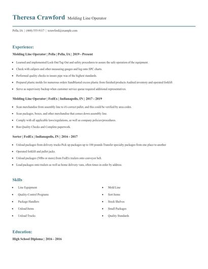 Molding Line Operator Resume