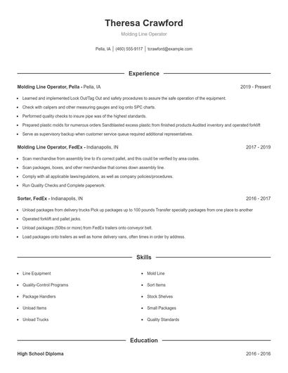 Molding Line Operator Resume