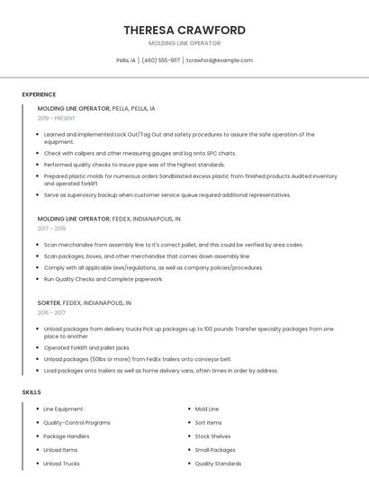 Molding Line Operator Resume